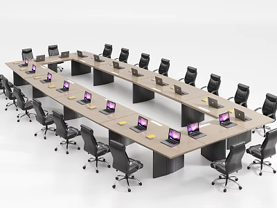 Modern Conference Table With Black Office Chairs And Laptops On Tabletop 3d model
