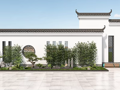 Traditional Chinese Scenic Wall With White Surface Grey Tiled Roof Circular Window And Green Plants 3d model