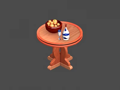 Wooden Round Dining Table with Bowl of Oranges Blue and White Bottle and Small Glass 3d model