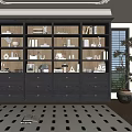 Elegant Dark Wood Bookcase With Multiple Shelves Drawers Books And Decorative Items