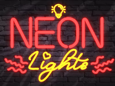 Vibrant Neon Decorative Lights with Light Bulb Design and Wavy Decorations on Brick Wall Background 3d model