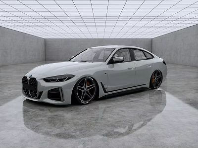 White Sporty Car With Large Rims In Modern Spacious Indoor Reflective Floor 3d model