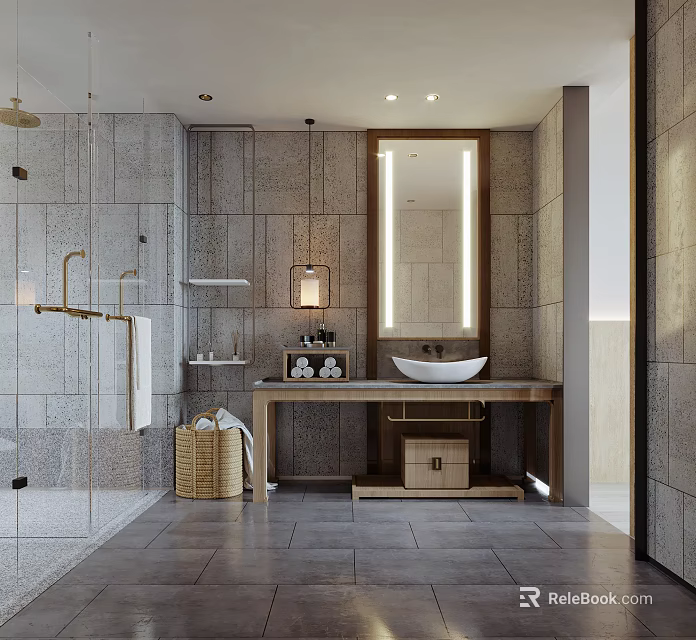 Elegant Modern Bathroom With Textured Stone Tile Walls Wooden Vanity And Glass Shower Area 3d model 