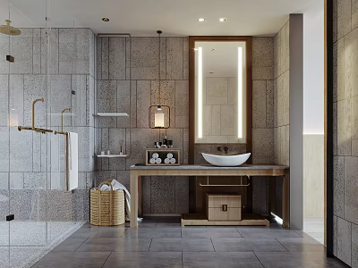 Elegant Modern Bathroom With Textured Stone Tile Walls Wooden Vanity And Glass Shower Area 3d model