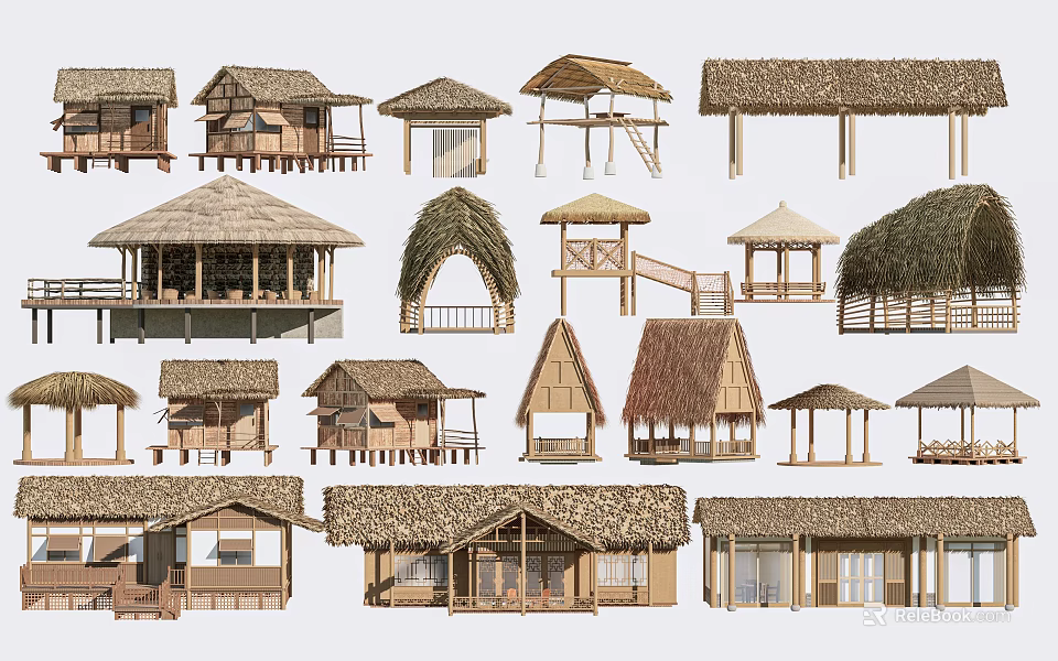 Various Wooden Houses With Different Thatched Roof Designs And Structures 3d model 