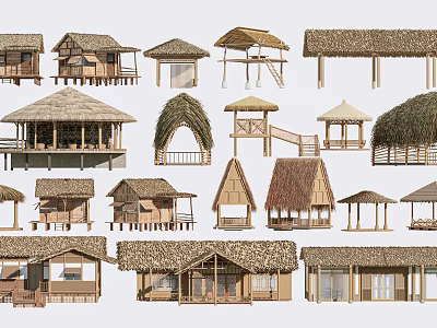 Various Wooden Houses With Different Thatched Roof Designs And Structures 3d model