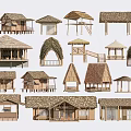 Various Wooden Houses With Different Thatched Roof Designs And Structures