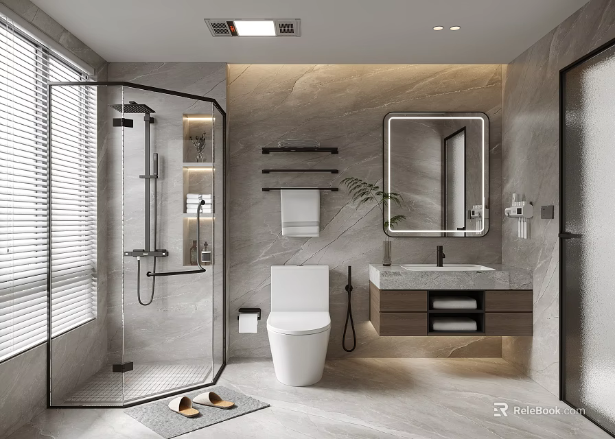 Modern Bathroom Interior With Glass Shower Enclosure Marble Wall White Toilet And Vanity Mirror 3d model 