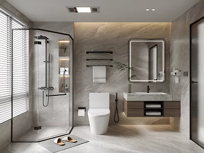 Modern Bathroom Interior With Glass Shower Enclosure Marble Wall White Toilet And Vanity Mirror 3d model