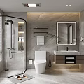 Modern Bathroom Interior With Glass Shower Enclosure Marble Wall White Toilet And Vanity Mirror