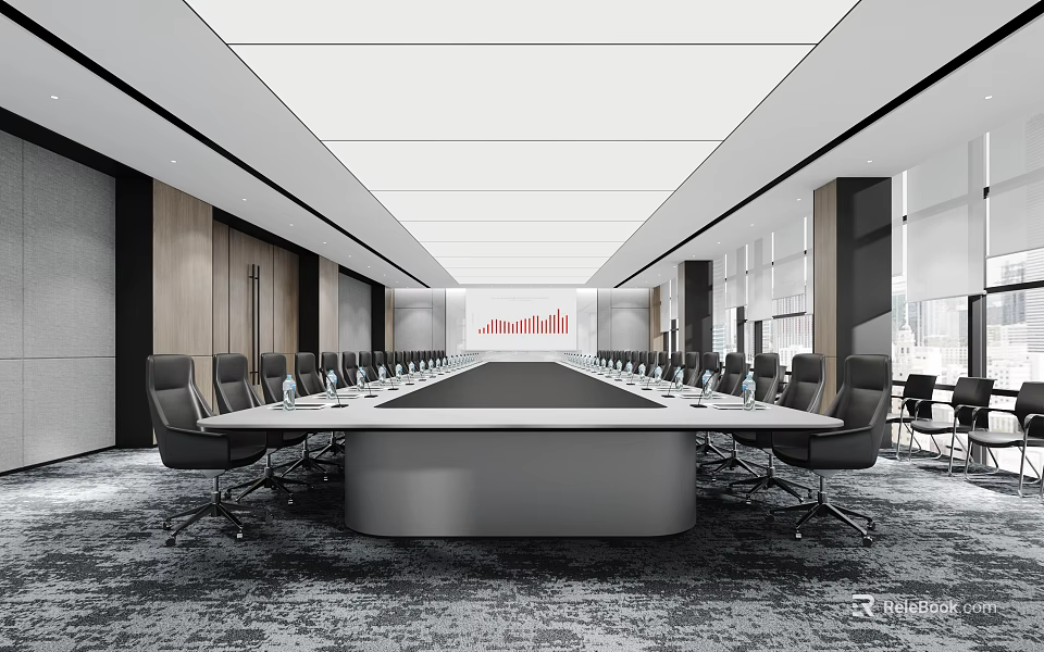 Modern Conference Room Interior With Long Table Black Chairs And Large Windows 3d model 