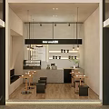 Modern Cafe Interior Design With Counter Tables Chairs Menu Board And Hanging Lights