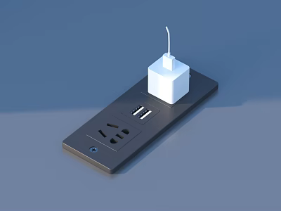 Household Power Strip With Multiple Outlets And White Charger Plugged In 3d model