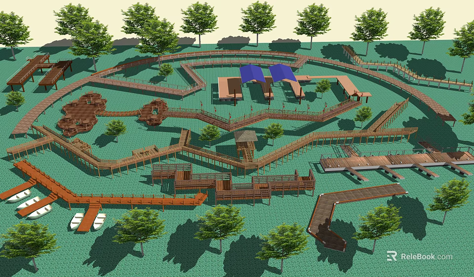 Outdoor Road Facilities With Interconnected Wooden Paths Greenery And Trees 3d model 