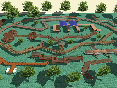 Outdoor Road Facilities With Interconnected Wooden Paths Greenery And Trees 3d model