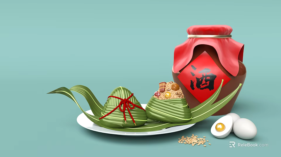 Traditional Chinese Zongzi Wrapped in Bamboo Leaves with Wine Jar Eggs and Glutinous Rice 3d model 