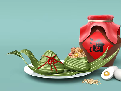 Traditional Chinese Zongzi Wrapped in Bamboo Leaves with Wine Jar Eggs and Glutinous Rice 3d model