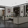 Chinese Modern Living And Dining Room Interior With Dark Wooden Floors Display Cabinets And Chandelier
