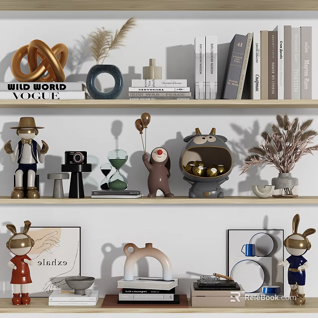 Decorative Ornament Set With Animal Character Statue Hourglass Camera Dried Grass Books And Geometric Decor 3d model 