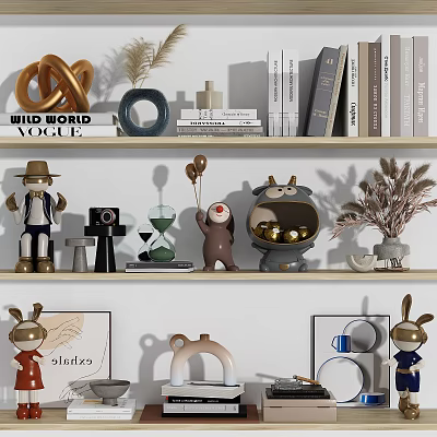 Decorative Ornament Set With Animal Character Statue Hourglass Camera Dried Grass Books And Geometric Decor 3d model