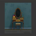 Elegant Vintage Dressing Table With Oval Mirror Drawers Stool And Cosmetics On Turquoise Wall