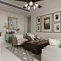 Elegant Classic American Style Living And Dining Room Interior With Wall Artworks And Comfortable Sofas