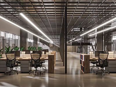 Modern Public Office Space With Metal Ceiling Linear Pendant Lights Workstations Ergonomic Chairs And Green Plants 3d model