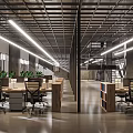 Modern Public Office Space With Metal Ceiling Linear Pendant Lights Workstations Ergonomic Chairs And Green Plants