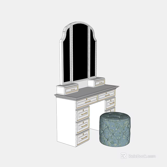 Classic Dressing Table With Large Mirror Multiple Drawers And Decorative Stool 3d model 