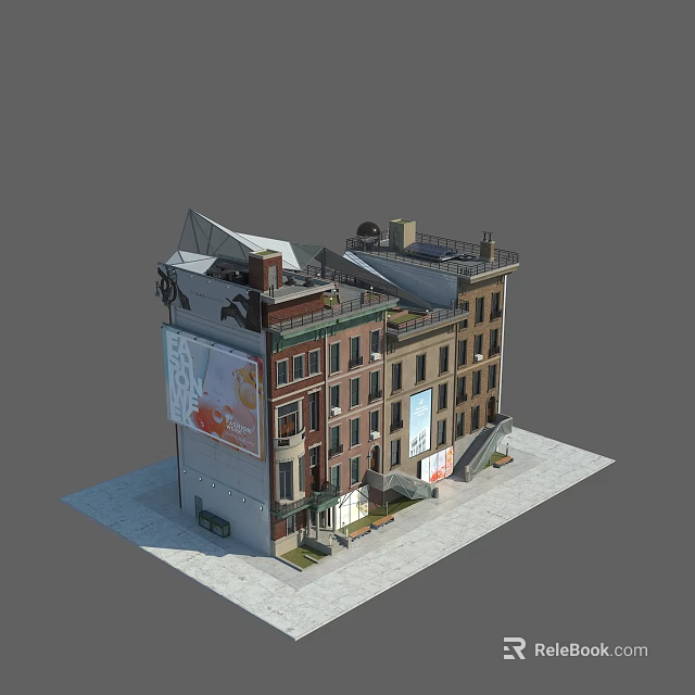 Future Architecture Blending Traditional Brick and Modern Glass with Unique Roof Design 3d model 