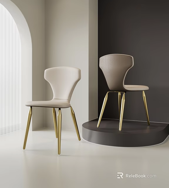 Modern Beige And Light Gray Single Chair With Golden Legs In Minimalist Design 3d model 