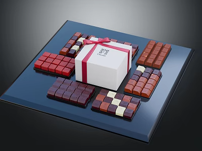 Assorted Chocolate Pieces Arranged With White Gift Box On Blue Tray 3d model