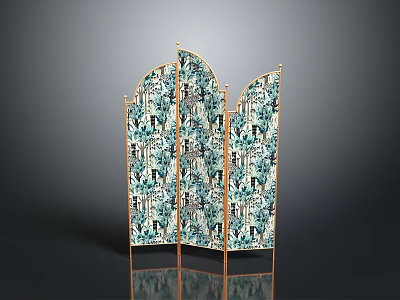 Elegant Three Panel Room Divider Screen With Golden Frame And Teal Floral Pattern 3d model