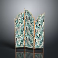 Elegant Three Panel Room Divider Screen With Golden Frame And Teal Floral Pattern