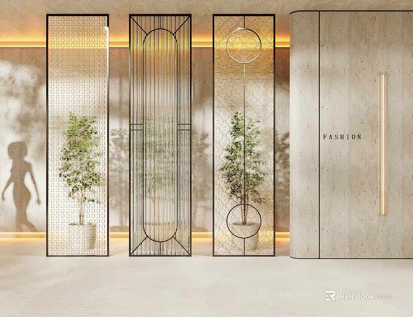 Modern Stylish Room Divider With Geometric Design Metal Frame And Plants For Home Interior Decor 3d model 