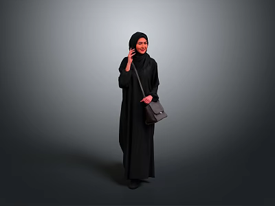 Woman in Black Abaya and Hijab Holding Small Handbag Against Gray Background 3d model