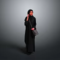 Woman in Black Abaya and Hijab Holding Small Handbag Against Gray Background