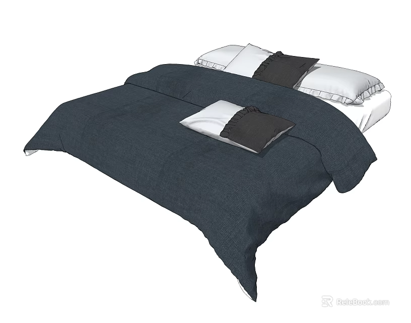 Cozy Double Bed with Navy Blue Bedspread White and Dark Gray Pillows 3d model