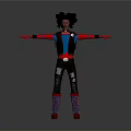 Stylized 3D Character with Black Curly Hair Black Vest Blue Innerwear Red Boots and Stretched Arms
