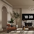 Modern Living Room Interior Featuring Spherical Chandelier Fireplace TV Plants Curved Sofa And Rug