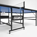 Professional Ping Pong Table With Blue Tabletop White Lines Black Frame Net And Wheels