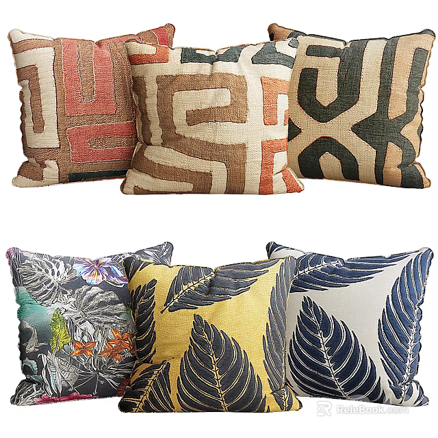 Decorative Throw Pillows With Geometric Patterns And Botanical Leaf Prints In Vibrant Colors For Home Decoration 3d model 