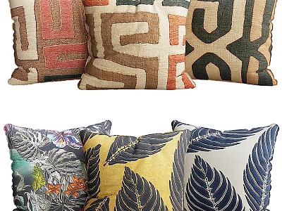 Decorative Throw Pillows With Geometric Patterns And Botanical Leaf Prints In Vibrant Colors For Home Decoration 3d model