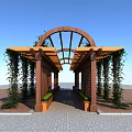 Wooden Pergola With Arched Top And Green Vines Over Brick Paved Path
