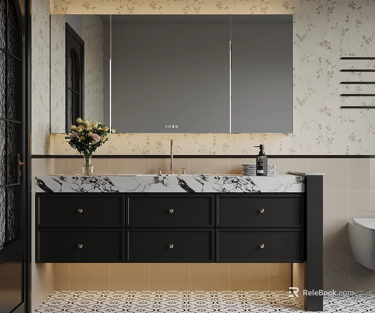 Bathroom Interior Design With Black Vanity Marble Countertop Mirror And Floral Wallpaper 3d model 