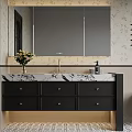 Bathroom Interior Design With Black Vanity Marble Countertop Mirror And Floral Wallpaper