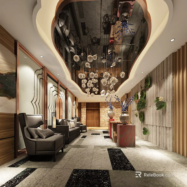 Elegant Hotel Lobby Interior With Modern Chandeliers Comfortable Seating And Wooden Decor 3d model 