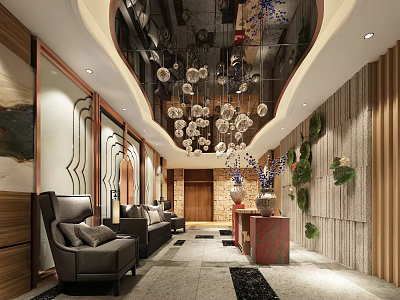 Elegant Hotel Lobby Interior With Modern Chandeliers Comfortable Seating And Wooden Decor 3d model