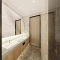 Modern Public Toilet Interior With Wooden Cabinets Marble Walls And Washbasins