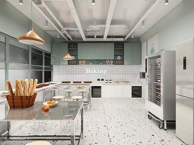 Bright Modern Bakery Kitchen With Fresh Baked Bread Fruits Ovens And Pendant Lights 3d model